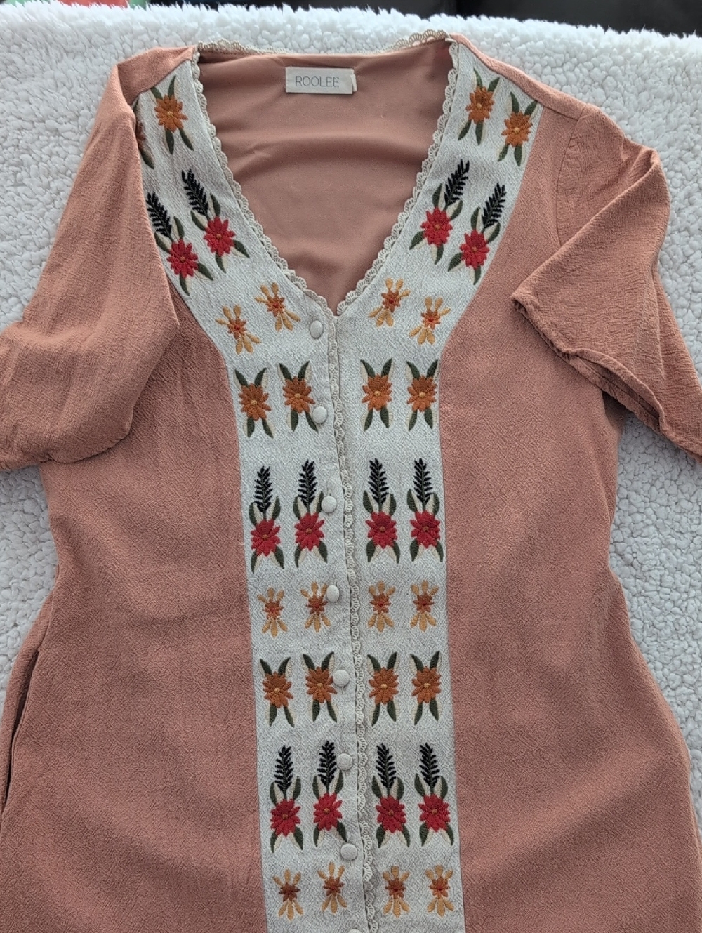 Roolee Peach Button-Front Midi Dress  with Floral Embroidery